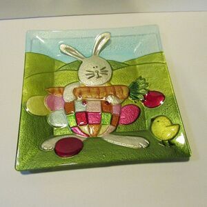 square glass plater plate Easter bunny rabbit with carrot and chick eggs